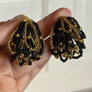 Vintage Women’s Black and Gold Looped Seed Bead Post Style Statement Earrings